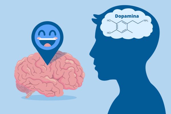 Ícone com rosto feliz sobre cérebro humano; ao lado, a fórmula química da dopamina e a silhueta de uma pessoa.