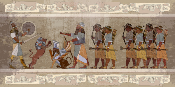 Ilustração do exército acádio combatendo seu adversário e um leão.