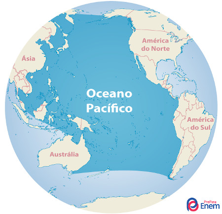 Mapa indicando a localização do oceano Pacífico no planeta Terra.
