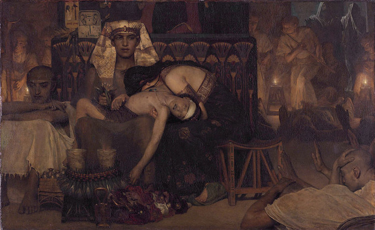 Pintura retratando o faraó, sua esposa e outros egípcios lamentando sobre o corpo do filho morto, durante a décima praga.