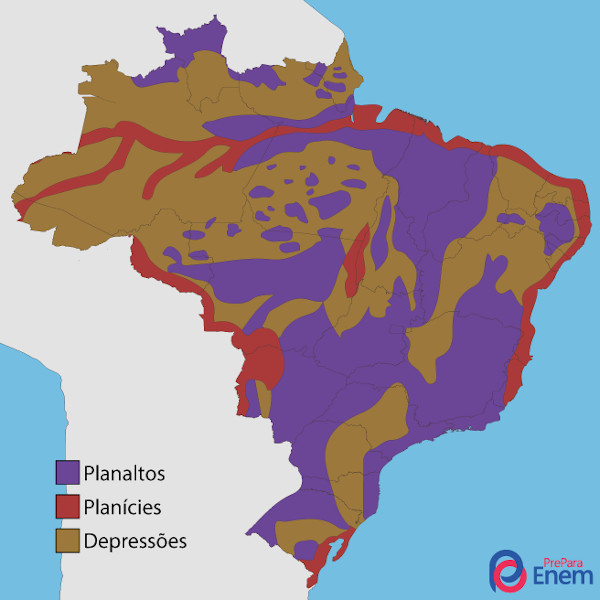 Mapa representando o relevo brasileiro.