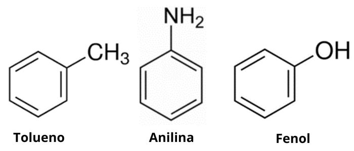 Estruturas químicas do tolueno, anilina e fenol.
