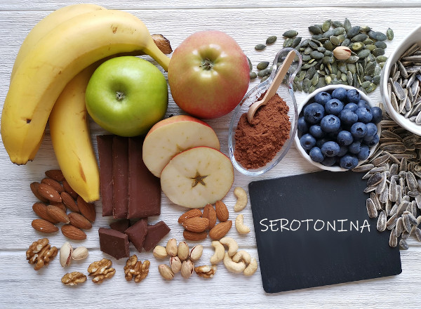 Bananas, maçãs, sementes, chocolate, nozes e, ao lado, uma placa com a palavra serotonina.