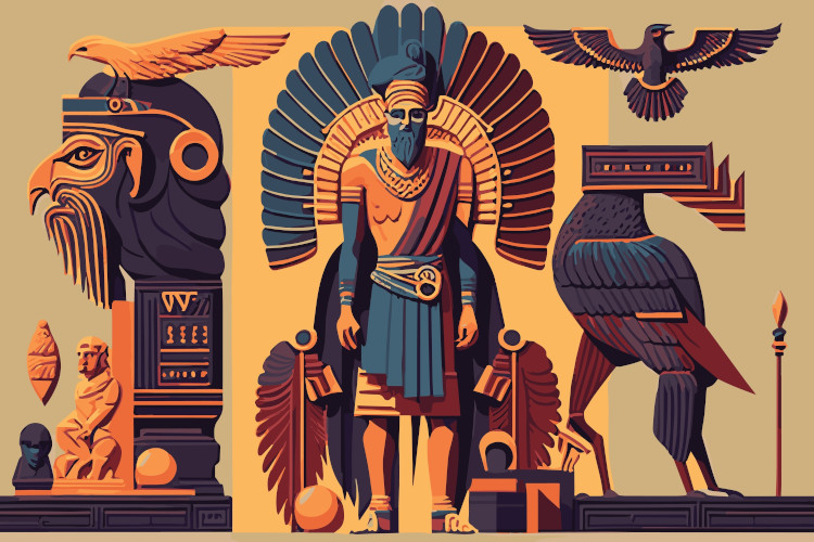  Representação da civilização dos sumérios, com símbolos, estátuas e monumentos.
