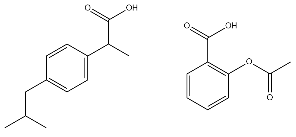  Estrutura do ibuprofeno (esquerda) e do ácido acetilsalicílico, aspirina (direita).