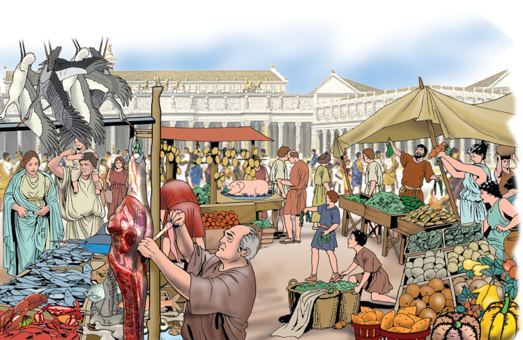 Desenho representativo de uma típica feira do Império Romano.