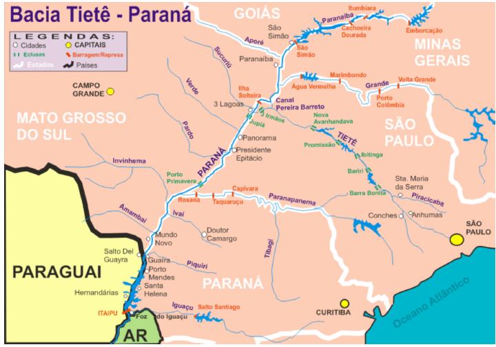 Mapa da Bacia do Tietê-Paraná com destaque para a hidrovia com mesmo nome.