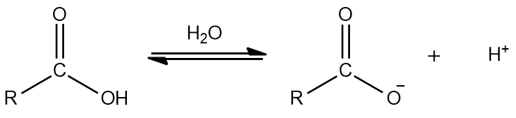  Reação de ionização de um ácido carboxílico hipotético.