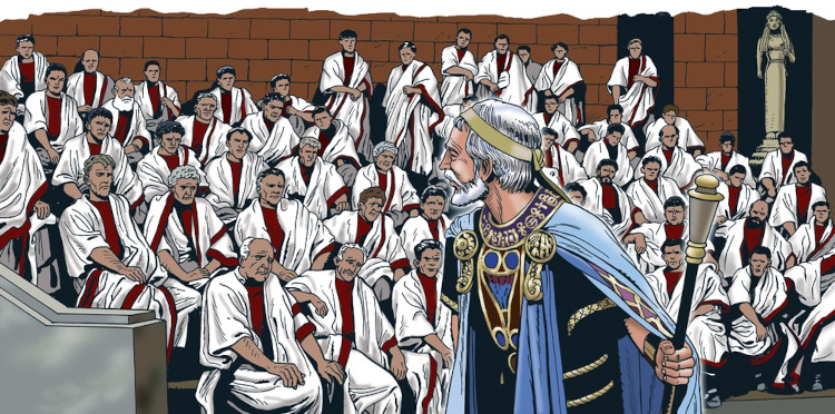 Representação dos senadores da República Romana, a forma de governo que antecedeu o Império Romano.