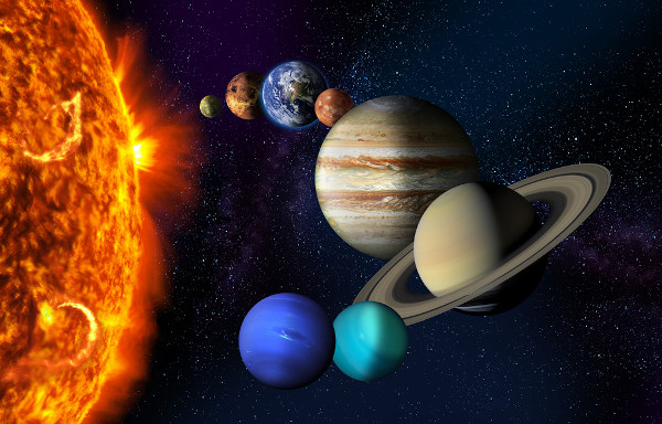 Sol, Mercúrio, Vênus, Terra, Marte, Júpiter, Saturno, Urano e Netuno, alguns dos elementos do Sistema Solar.