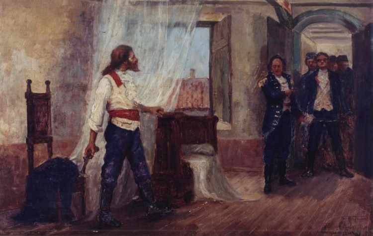  Pintura que retrata Tiradentes em seu esconderijo, armado, enquanto soldados estão entrando para prendê-lo.