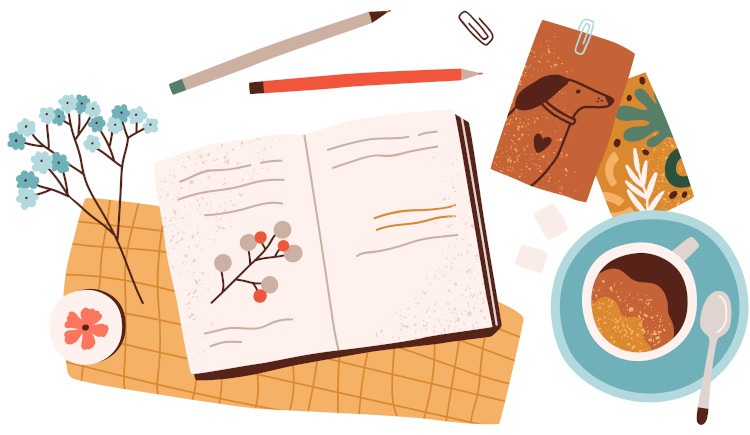 Ilustração de um diário aberto ao lado de canetas, figuras e uma xícara.