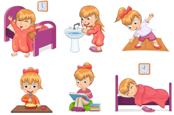Ilustração de uma menina realizando várias ações como representação dos verbos reflexivos ou pronominais em espanhol.