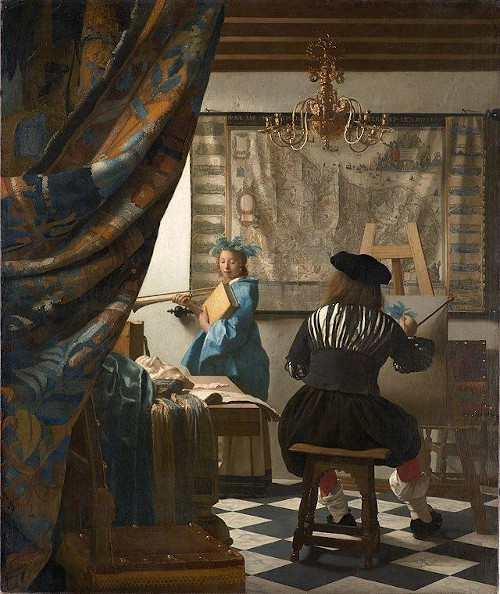 Obra “Arte da pintura”, de Johannes Vermeer, exemplo de linguagem não verbal, que é diferente da linguagem verbal e mista.