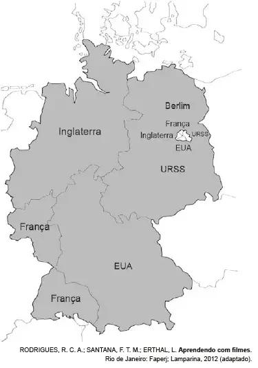 Mapa de parte da Europa, com destaque para a realidade do território alemão no contexto da Guerra Fria.