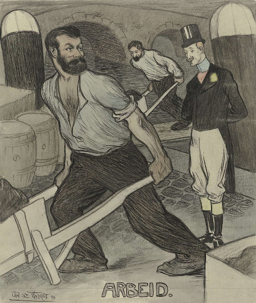 Pintura de Jan de Waardt representando dois trabalhadores (proletariados) e o patrão (burguesia).