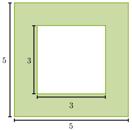 Quadrado de 3 cm de lado dentro de outro quadrado de 5 cm de lado.