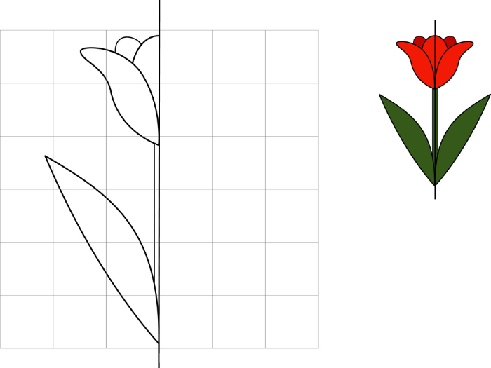 Desenho de uma flor pela metade e de uma flor inteira e colorida em exemplo de simetria de reflexão.
