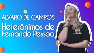 Professora ao lado do texto"Álvaro de Campos | Heterônimos de Fernando Pessoa".