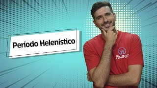 "Período Helenístico" escrito sobre fundo azul ao lado da imagem do professor