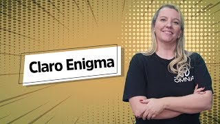"Claro Enigma" escrito sobre fundo amarelo ao lado da imagem da professora