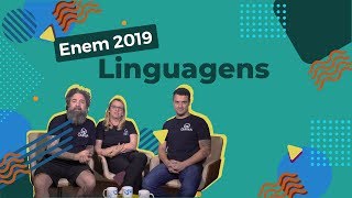 "Enem 2019 Linguagens" escrito sobre fundo verde, abaixo a imagens de três professores