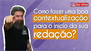 "Como fazer uma boa contextualização para o início da sua redação?" escrito sobre fundo roxo ao lado da imagem do professor