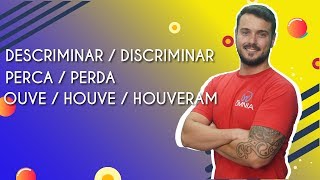 "Descriminar/Discriminar, Perca/Perda e ouve/Houve/Houveram" escrito sobre fundo azul e amarelo