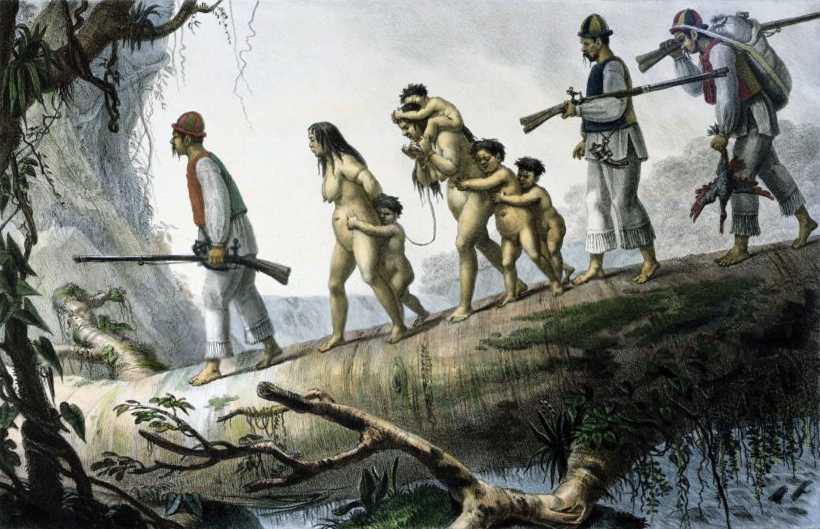 Obra de Jean Baptiste Debret como representação da escravização dos indígenas no Brasil.