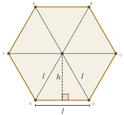 Hexágono regular decomposto em seis triângulos equiláteros para explicar como calcular a área desse polígono