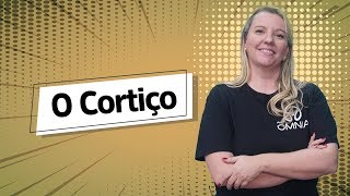 "O Cortiço" escrito sobre fundo amarelo ao lado da imagem da professora