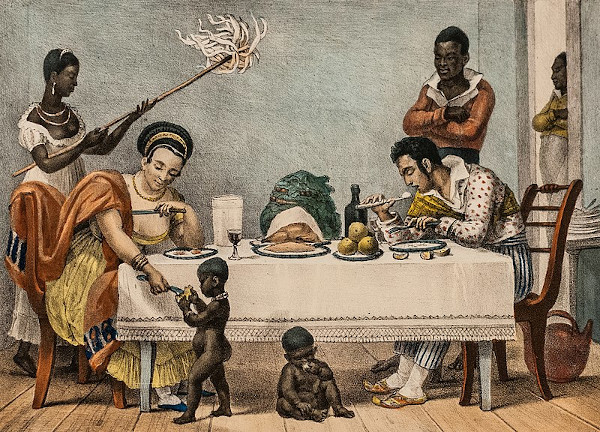 Obra “O jantar”, de Jean Baptiste Debret, como representação da escravidão no Brasil.