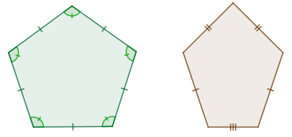 Exemplo de pentágono regular (à esquerda) e irregular (à direita).