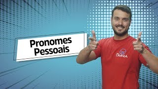 "Pronomes Pessoais" escrito sobre fundo azul ao lado da imagem do professor
