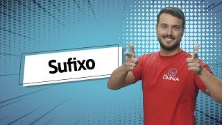 "Sufixo" escrito sobre fundo azul ao lado da imagem do professor