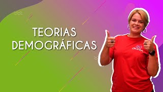 "Teorias demográficas" escrito sobre fundo verde e rosa ao lado da imagem da professora