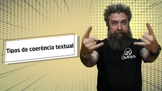 "Tipos de coerência textual" escrito sobre fundo amarelo ao lado da imagem do professor