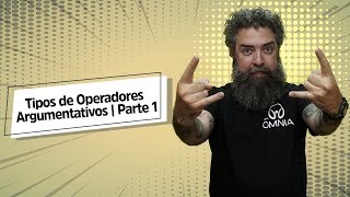 "Tipos de Operadores Argumentativos | Parte 1" escrito sobre fundo amarelo ao lado da imagem do professor