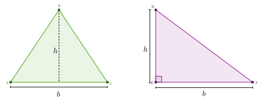  Triângulos com suas bases e alturas em destaque para explicar como calcular a área desse polígono.