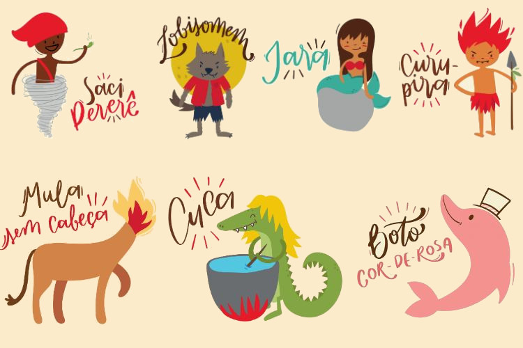 Ilustração mostrando algumas das principais lendas do folclore brasileiro.