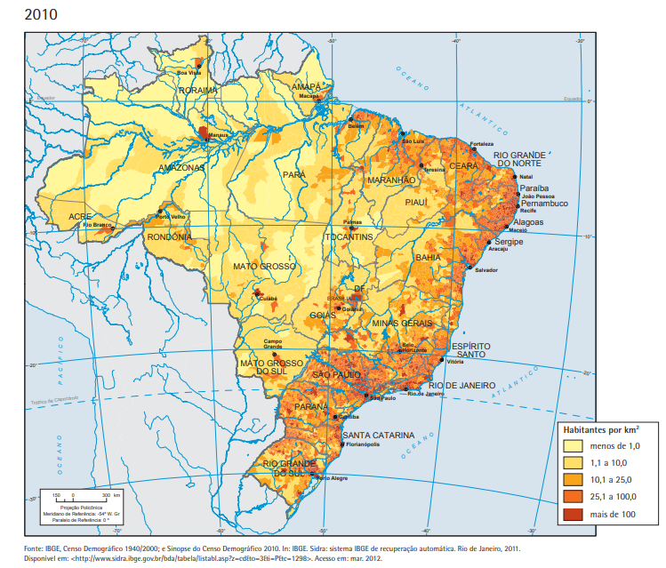 Mapa demográfico em texto sobre a Geografia do Brasil.