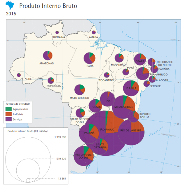 Mapa dos setores da economia brasileira em texto sobre a Geografia do Brasil.