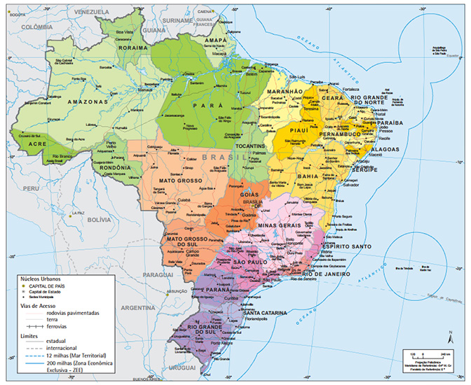 Mapa político brasileiro em texto sobre a Geografia do Brasil.