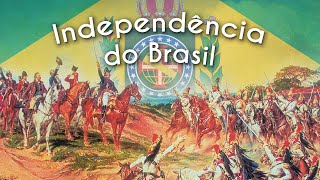 "Independência do Brasil" escrito sobre ilustração da bandeira do Brasil Império e a imagem do quadro Independência ou Morte.
