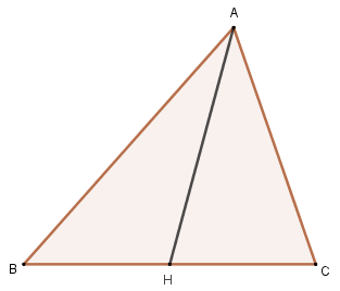 Ilustração de um triângulo, com traçamento da mediana, para explicar o baricentro, um dos pontos notáveis do triângulo.