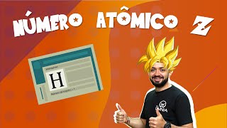 "Número atômico (Z)" escrito em fundo laranja, abaixo há uma ilustração do professor com cabelo amarelo e um documento