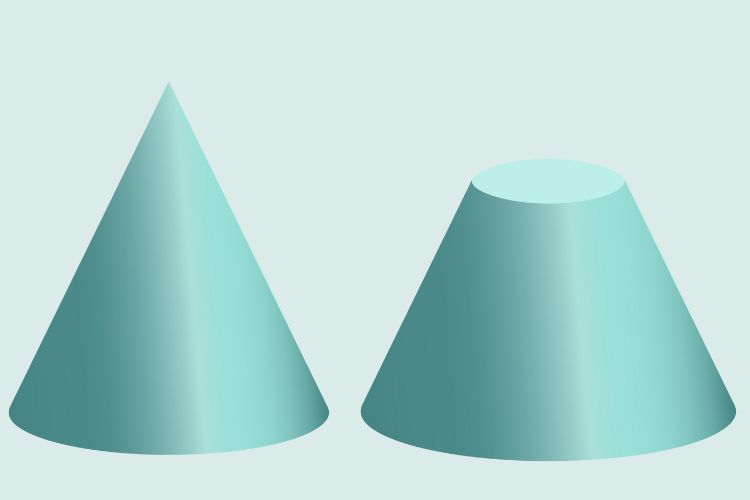 Exemplo de um cone (à esquerda) e seu respectivo tronco de cone (à direita).