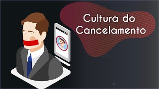 Escrito"Cultura do Cancelamento" ao lado da ilustração de um homem amordaçado de costas para um celular como representação da Cultura do cancelamento.