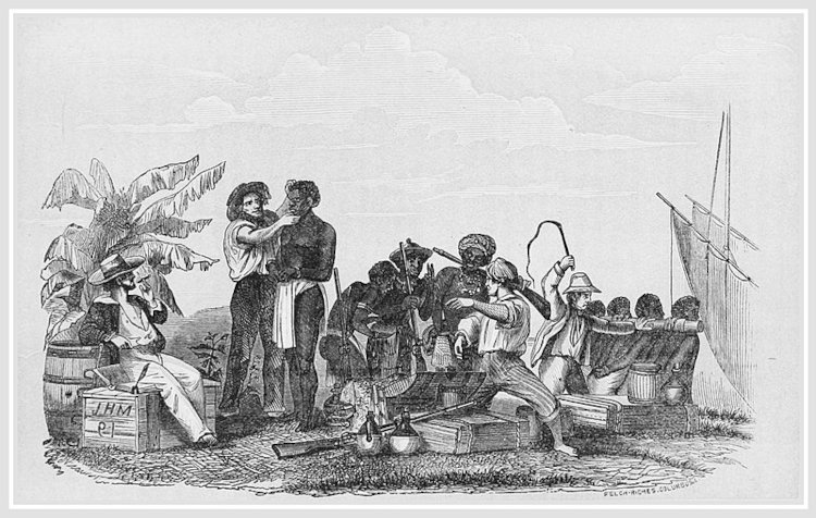 Feitores e escravizados negros, em alusão às consequências das Grandes Navegações.