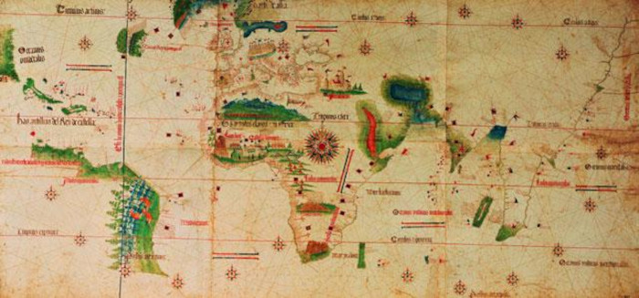 Planisfério de Cantino, com conquistas das Grandes Navegações portuguesas.